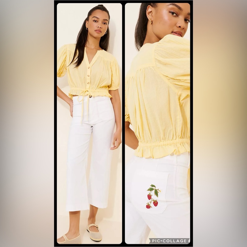 Anthropologie NWOT Maeve The Colette Cropped Wide-Leg Pants: Embroidered Edition